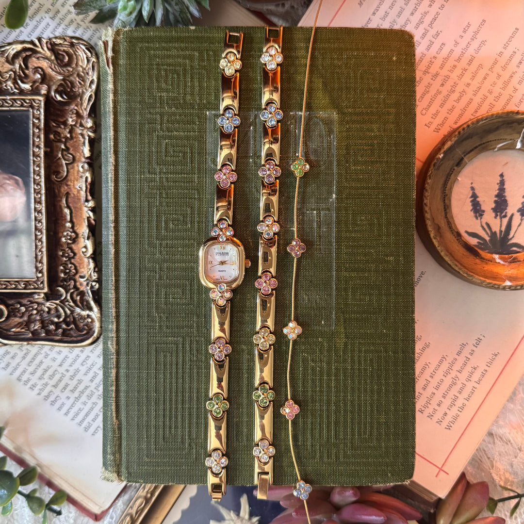 Extremely Rare Gold Joan Rivers Floral Rhinestones Watch with Matching Bracelet & Necklace
