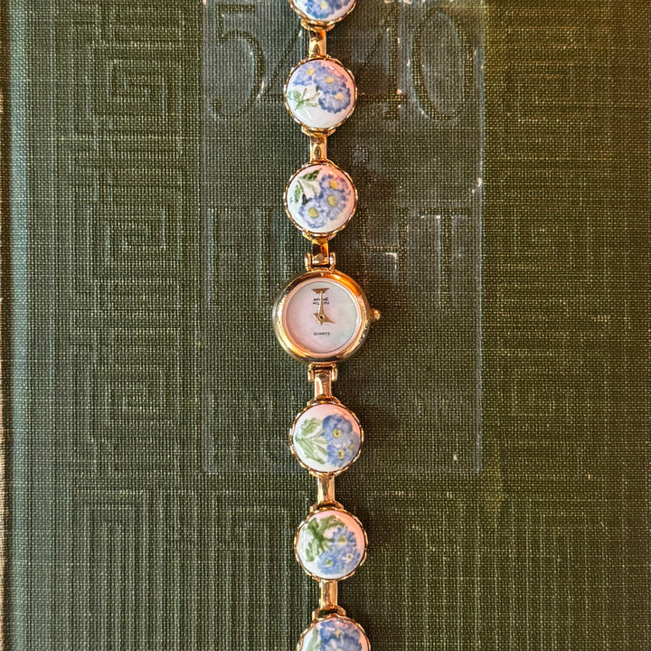 Repurposed Gold Hand Painted Enamel Floral Watch