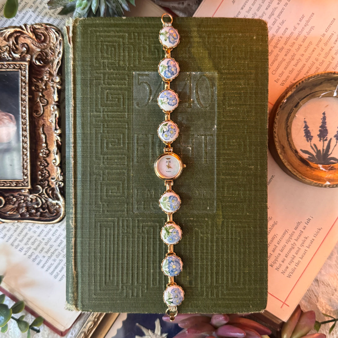 Repurposed Gold Hand Painted Enamel Floral Watch