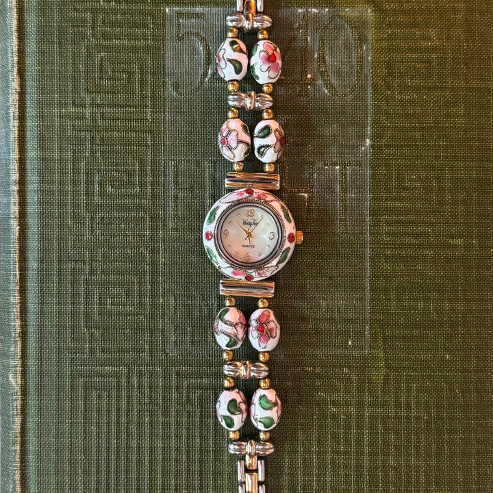 Gold Floral Enamel Watch