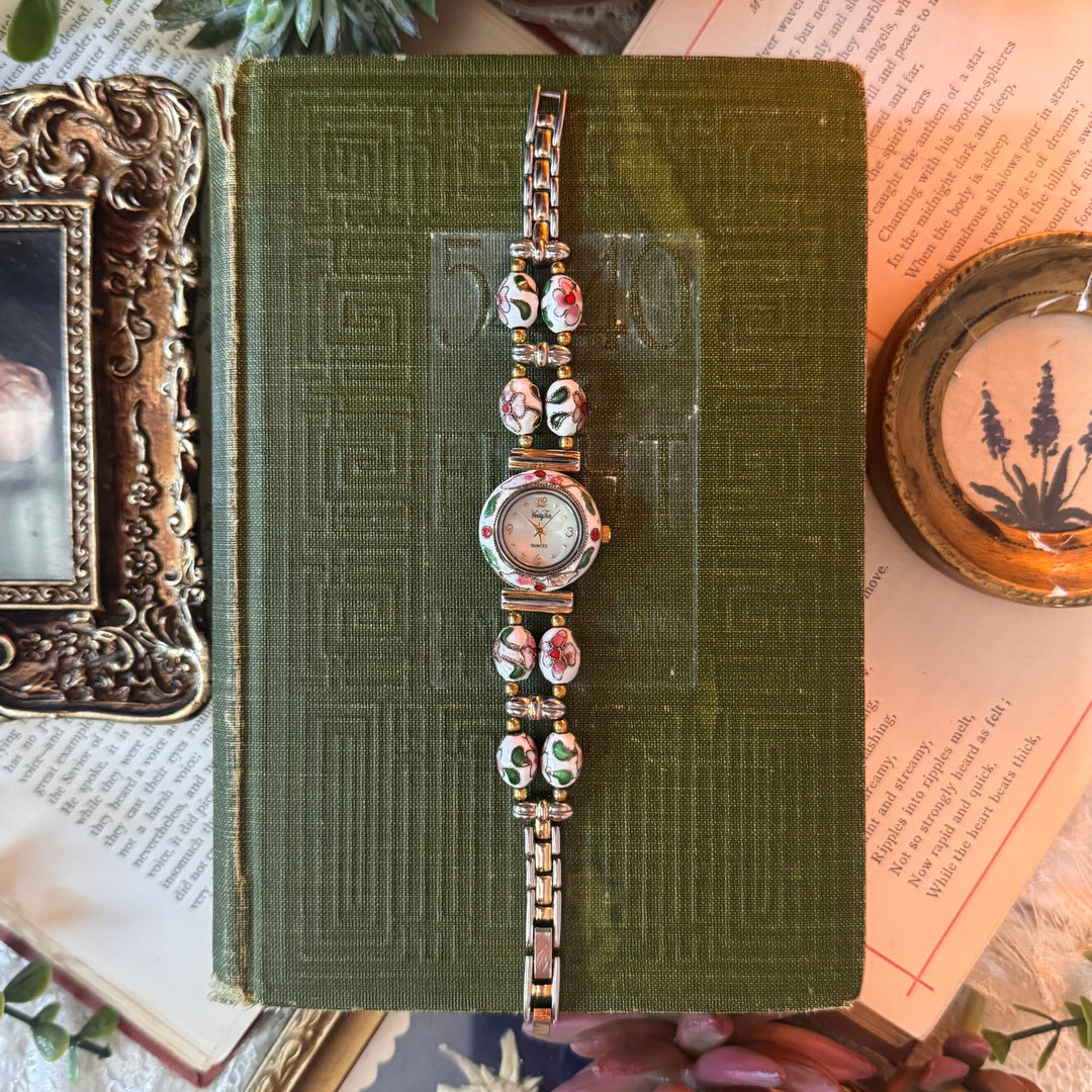 Gold Floral Enamel Watch