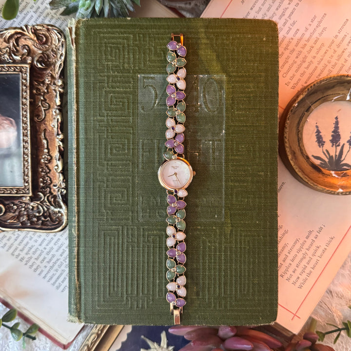 Gold Multicolor Jade Floral Watch