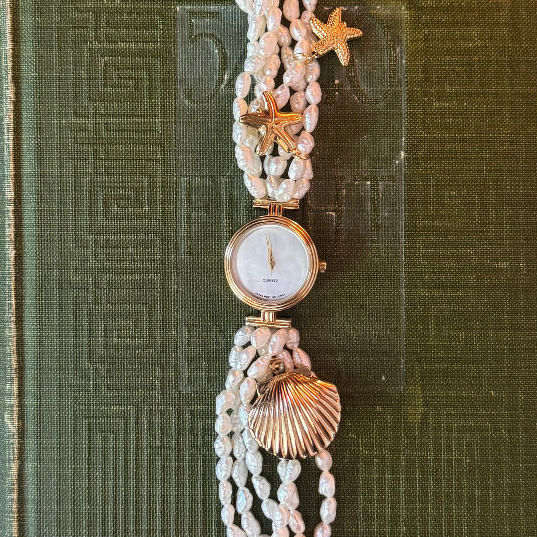 Gold Genuine Rice Bead Pearl Watch with Shell Locket