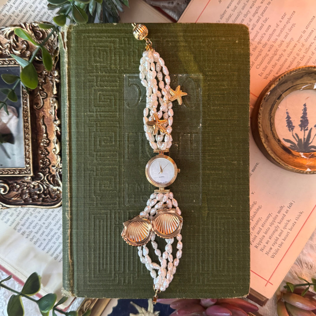 Gold Genuine Rice Bead Pearl Watch with Shell Locket
