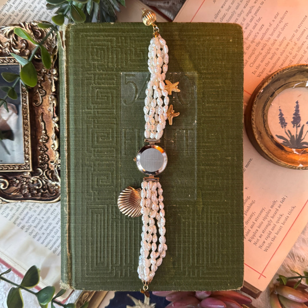 Gold Genuine Rice Bead Pearl Watch with Shell Locket