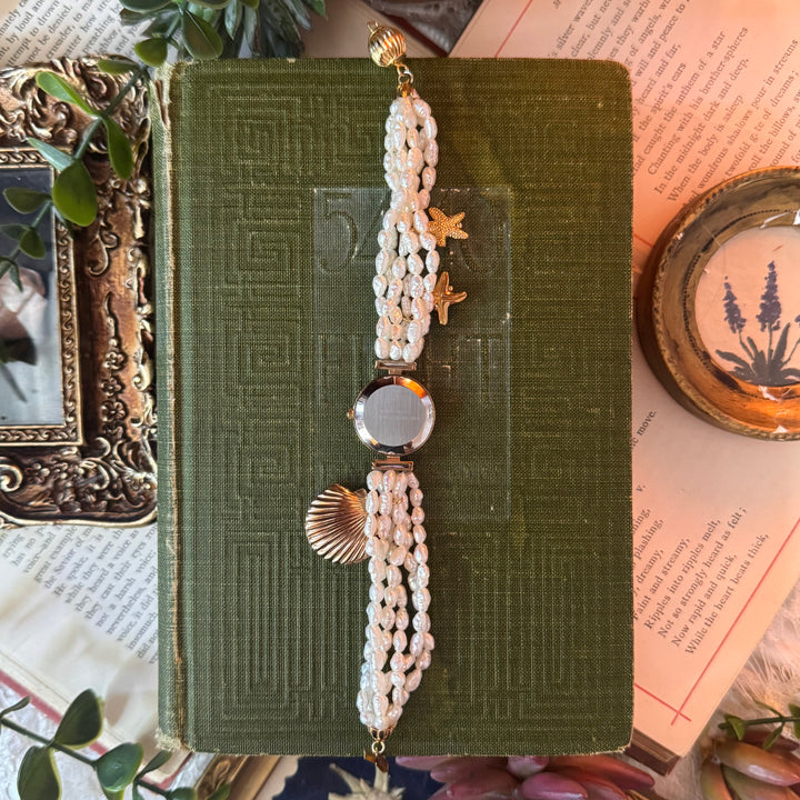 Gold Genuine Rice Bead Pearl Watch with Shell Locket