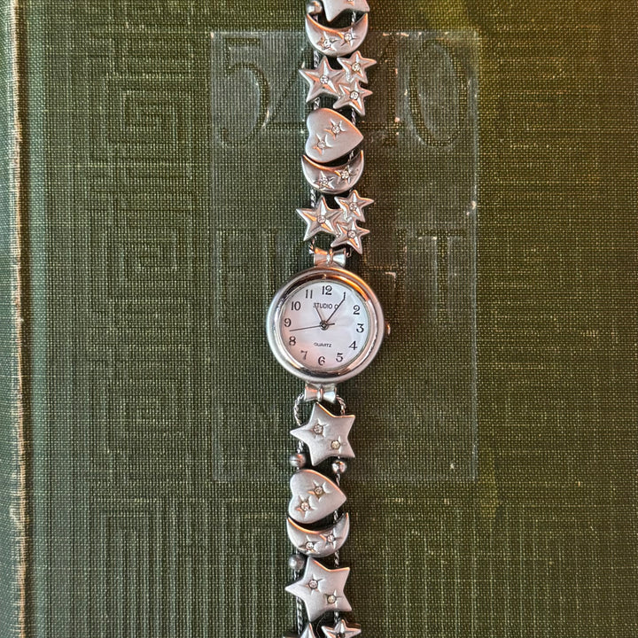 Silver Heart & Moon Charm Watch with Rhinestones