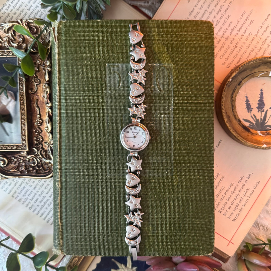 Silver Heart & Moon Charm Watch with Rhinestones