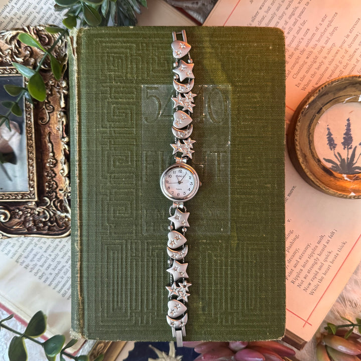 Silver Heart & Moon Charm Watch with Rhinestones