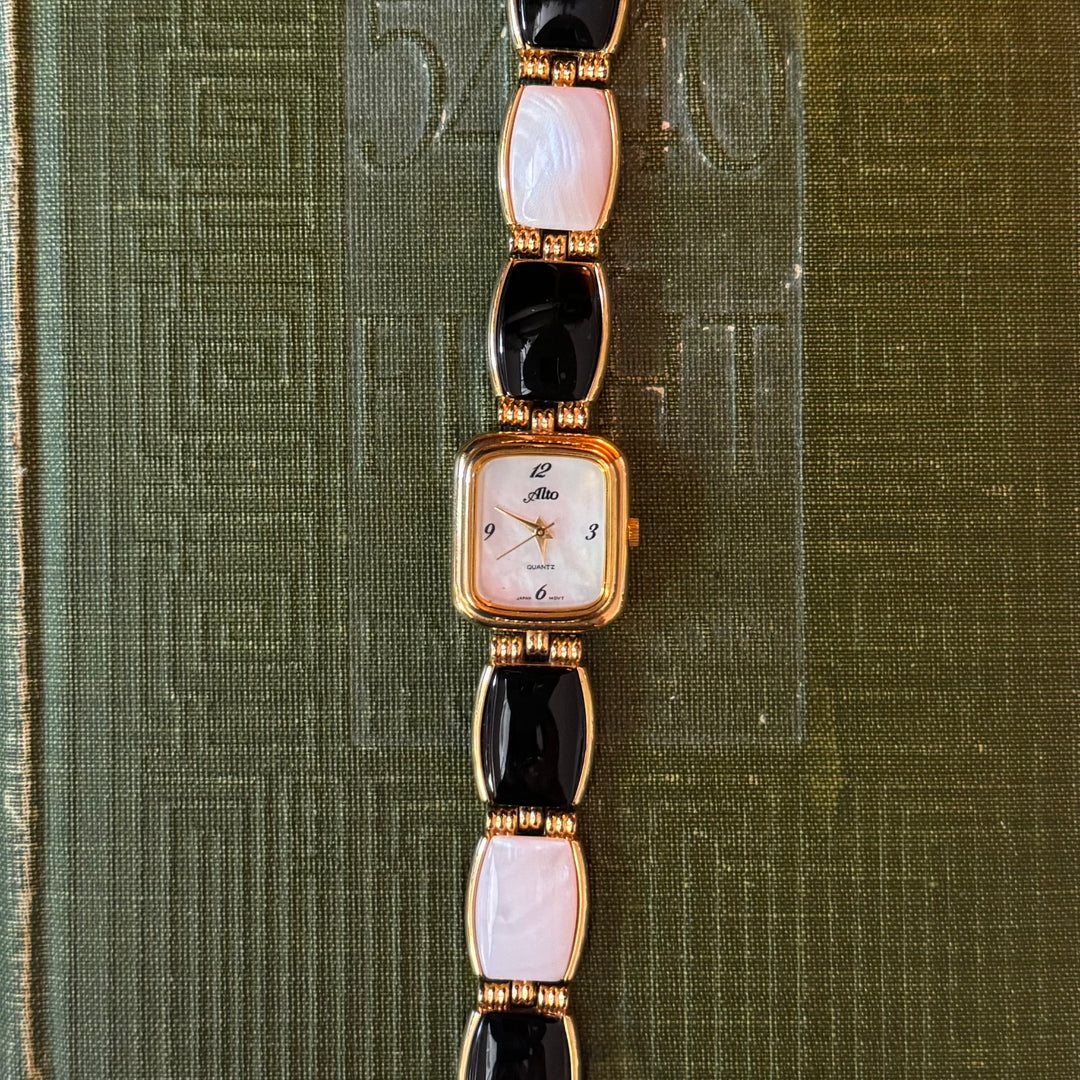 Gold Watch with Black and White Band