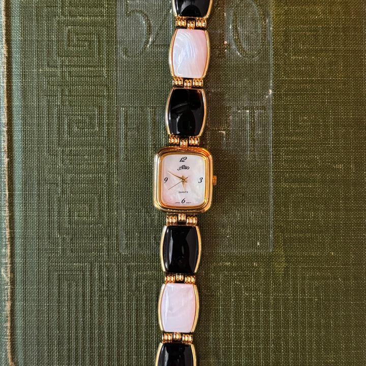 Gold Watch with Black and White Band