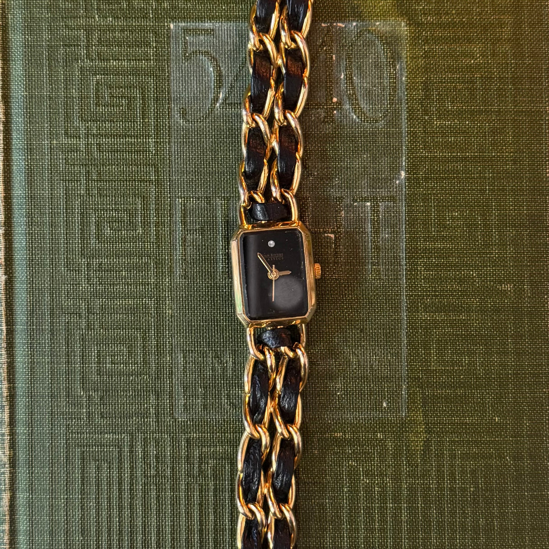 Gold Joan Rivers Watch with Black Face & Leather Details