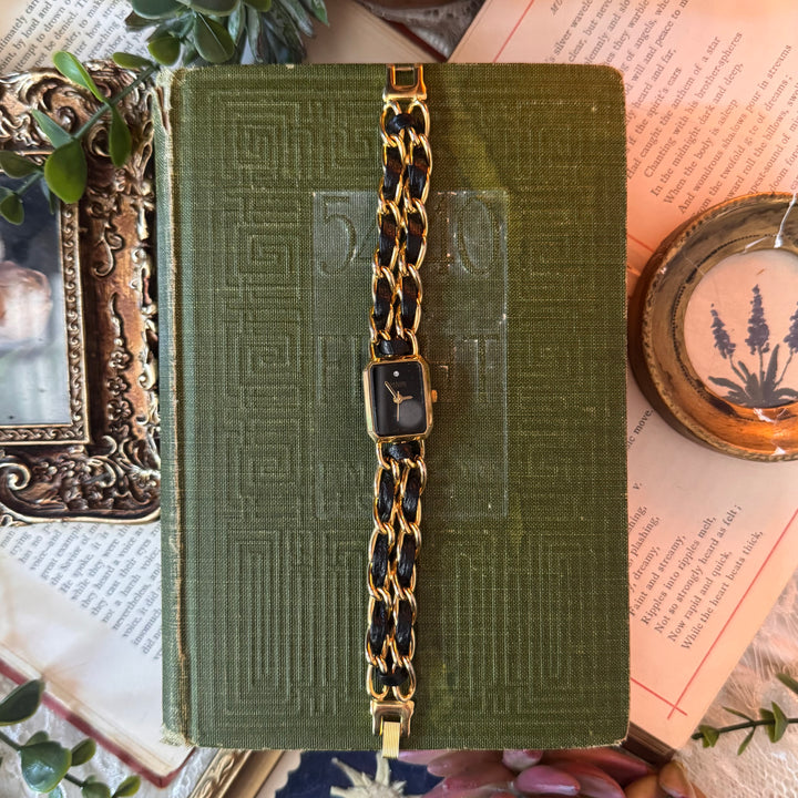 Gold Joan Rivers Watch with Black Face & Leather Details