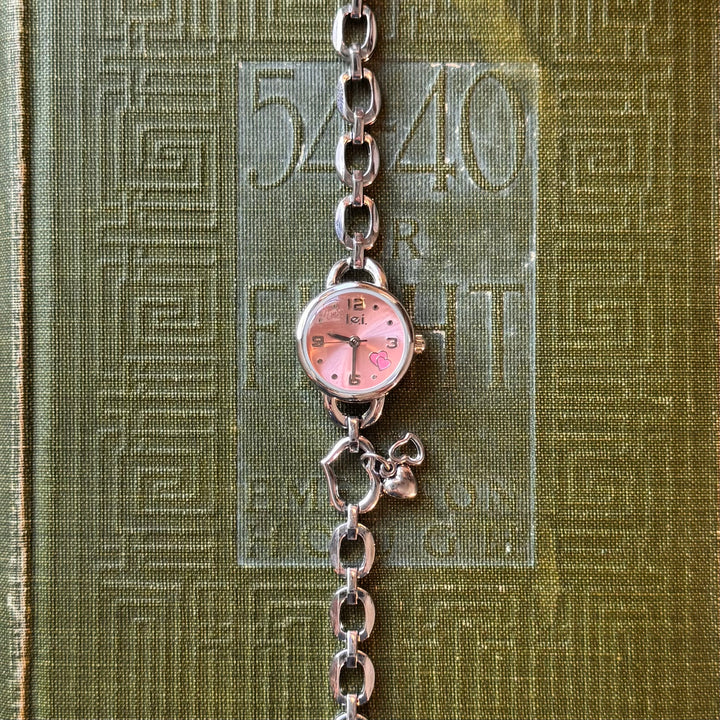 Silver Heart Charm Watch with Pink Face