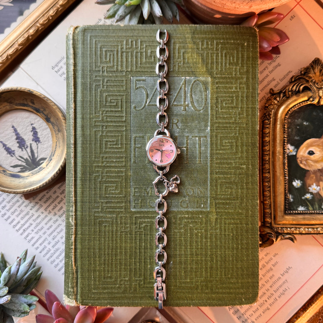 Silver Heart Charm Watch with Pink Face