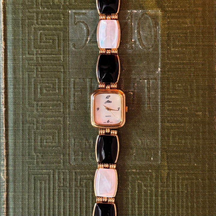 Gold Watch with Black & White Band