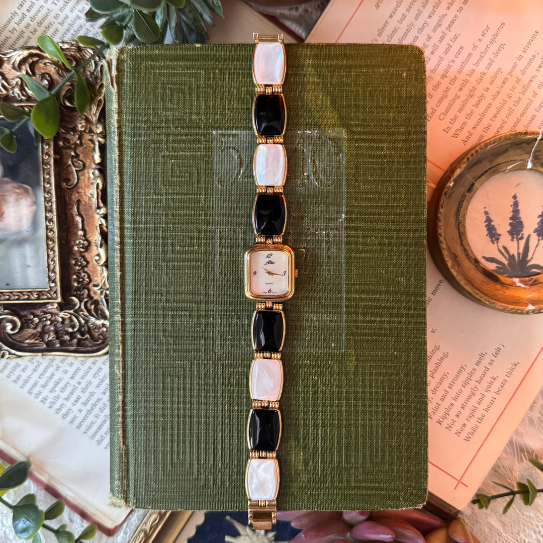 Gold Watch with Black & White Band