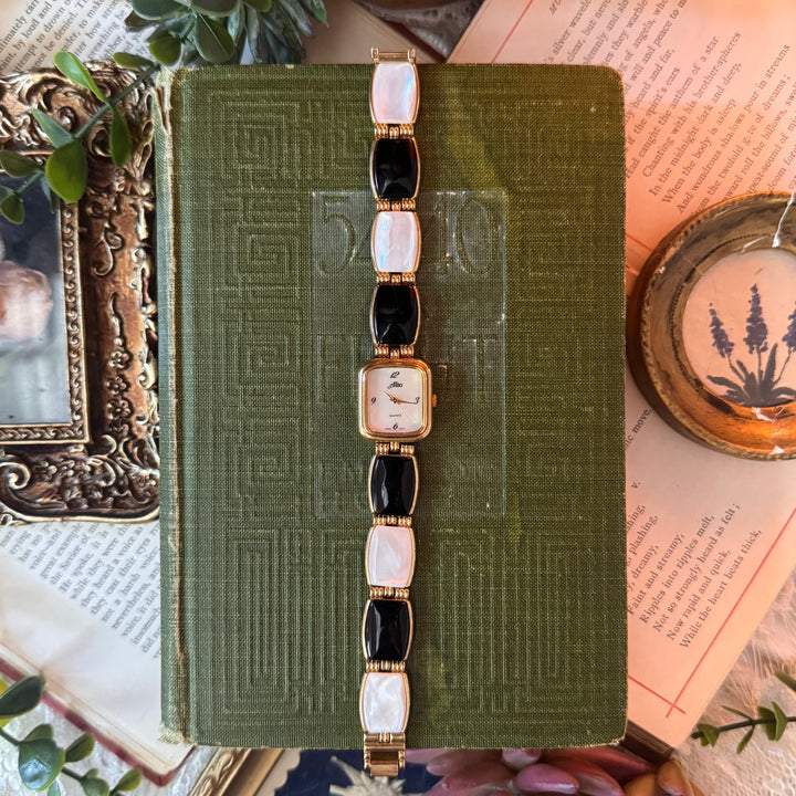 Gold Watch with Black & White Band