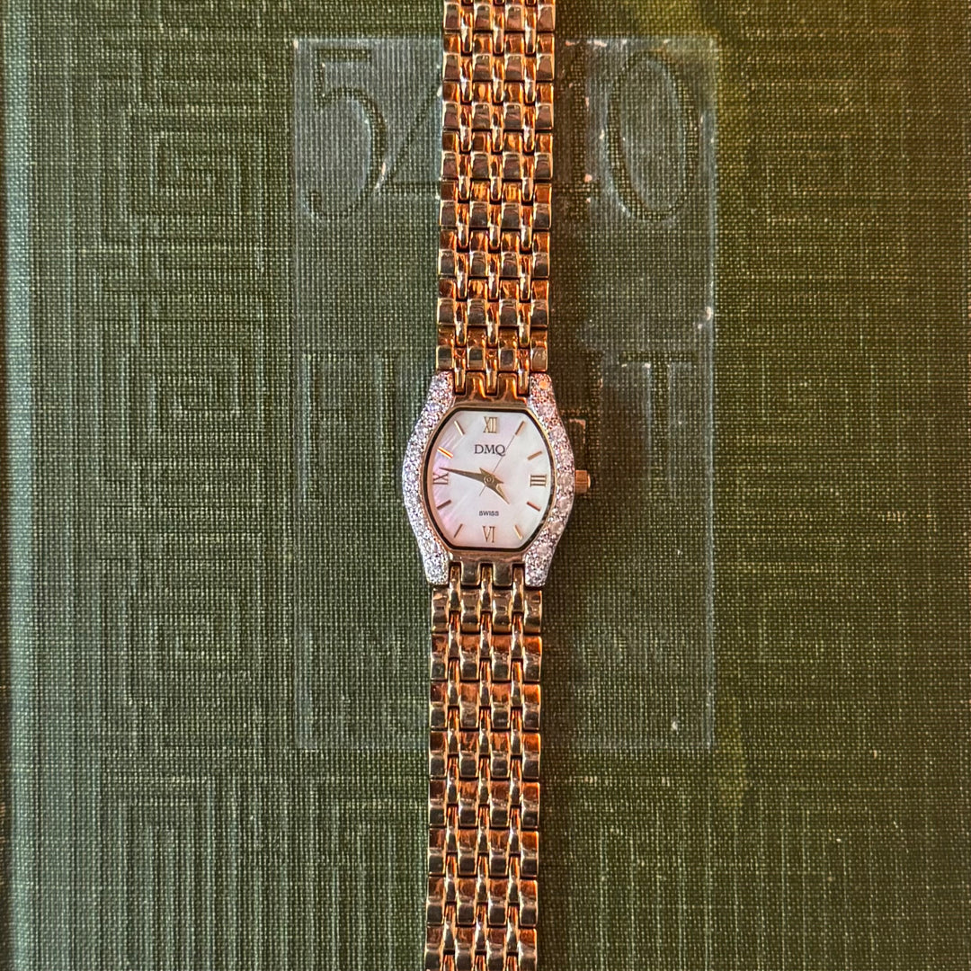 Gold Watch with Rhinestones and Mother of Pearl Face