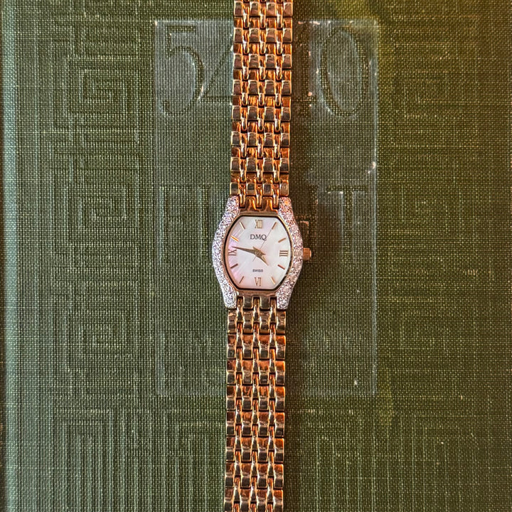 Gold Watch with Rhinestones and Mother of Pearl Face