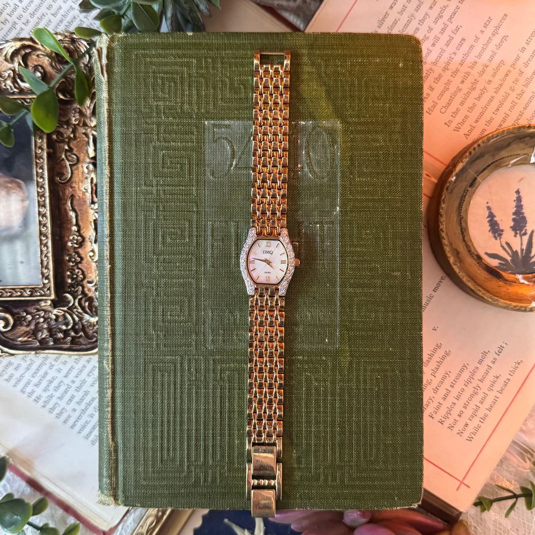 Gold Watch with Rhinestones and Mother of Pearl Face