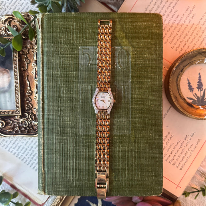 Gold Watch with Rhinestones and Mother of Pearl Face