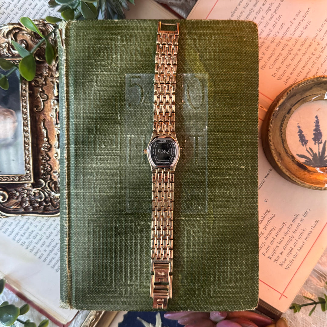 Gold Watch with Rhinestones and Mother of Pearl Face