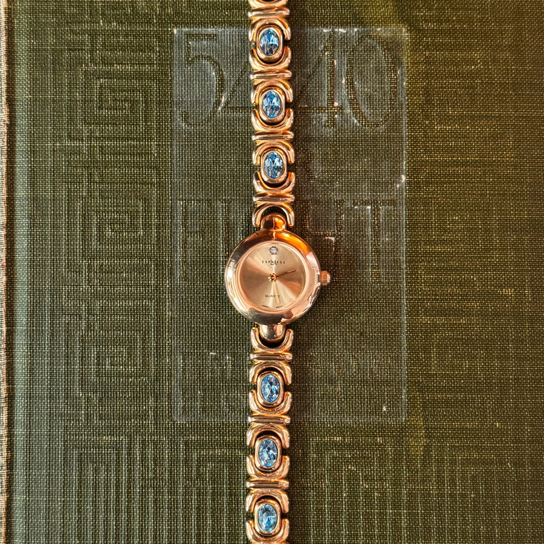 Gold Watch with Blue Rhinestones