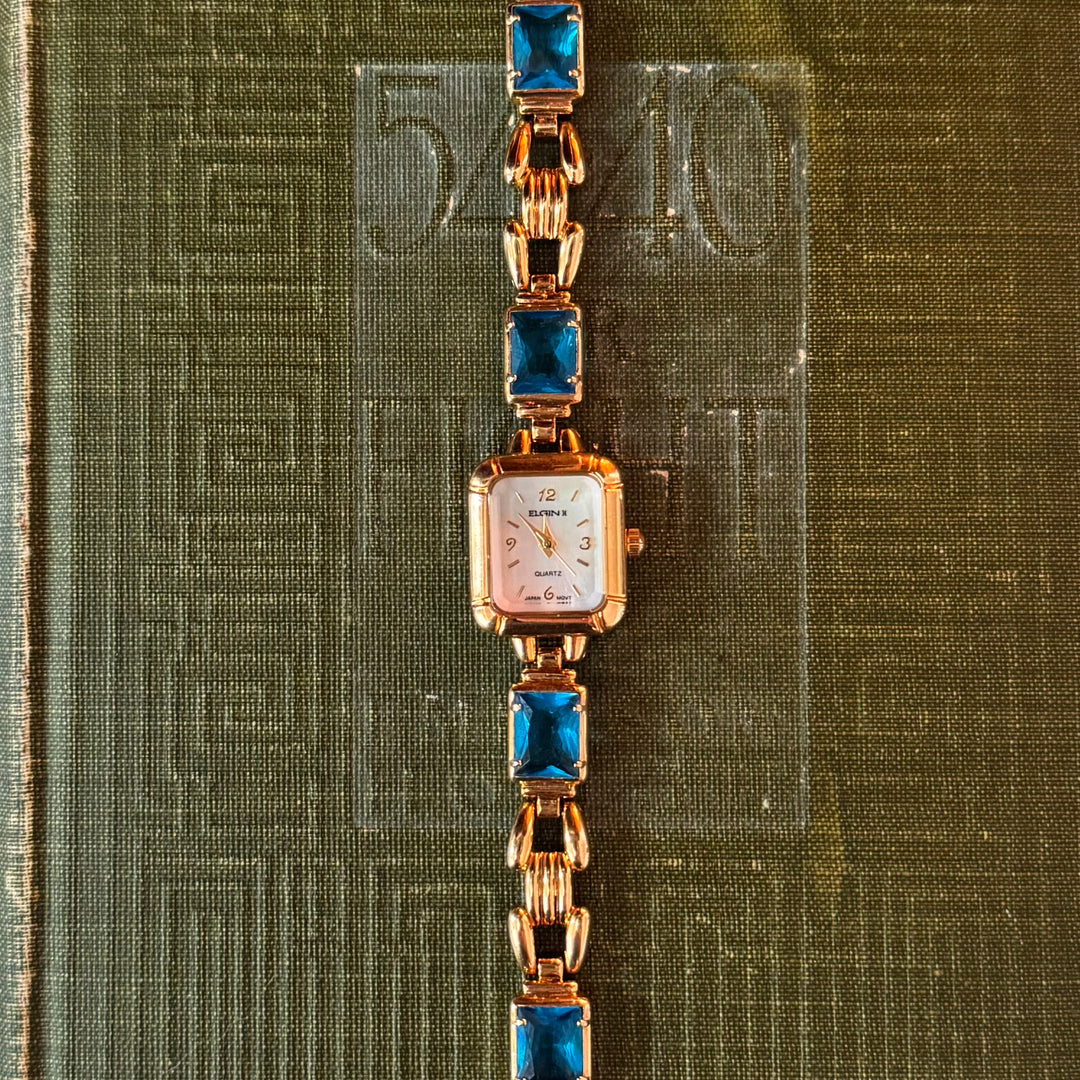 Gold Watch with Blue Rhinestones
