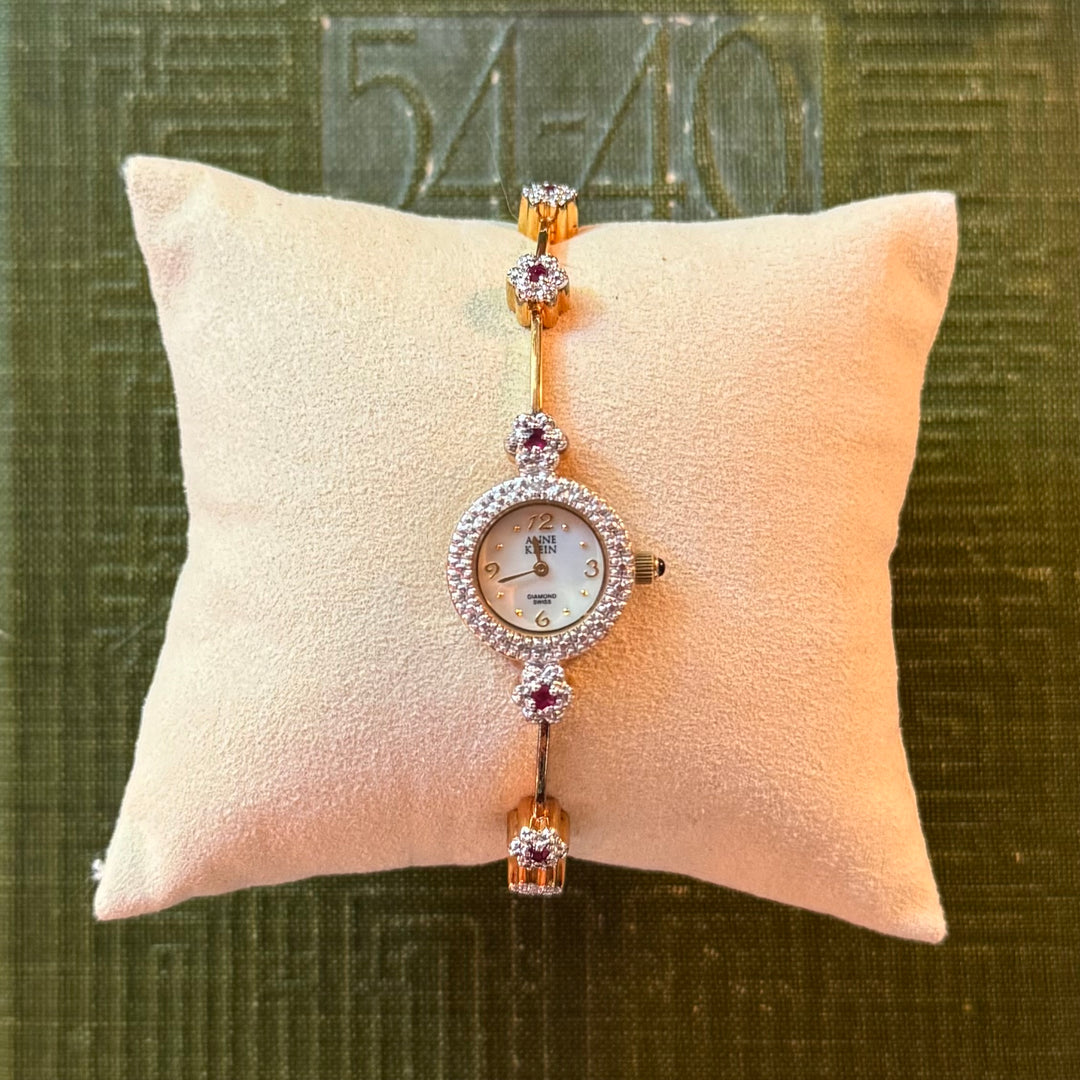 Two Tone Dainty Floral Watch with Red Stones