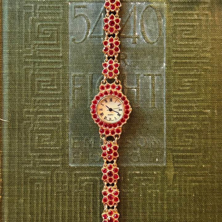 Gold Floral Watch with Red Rhinestones