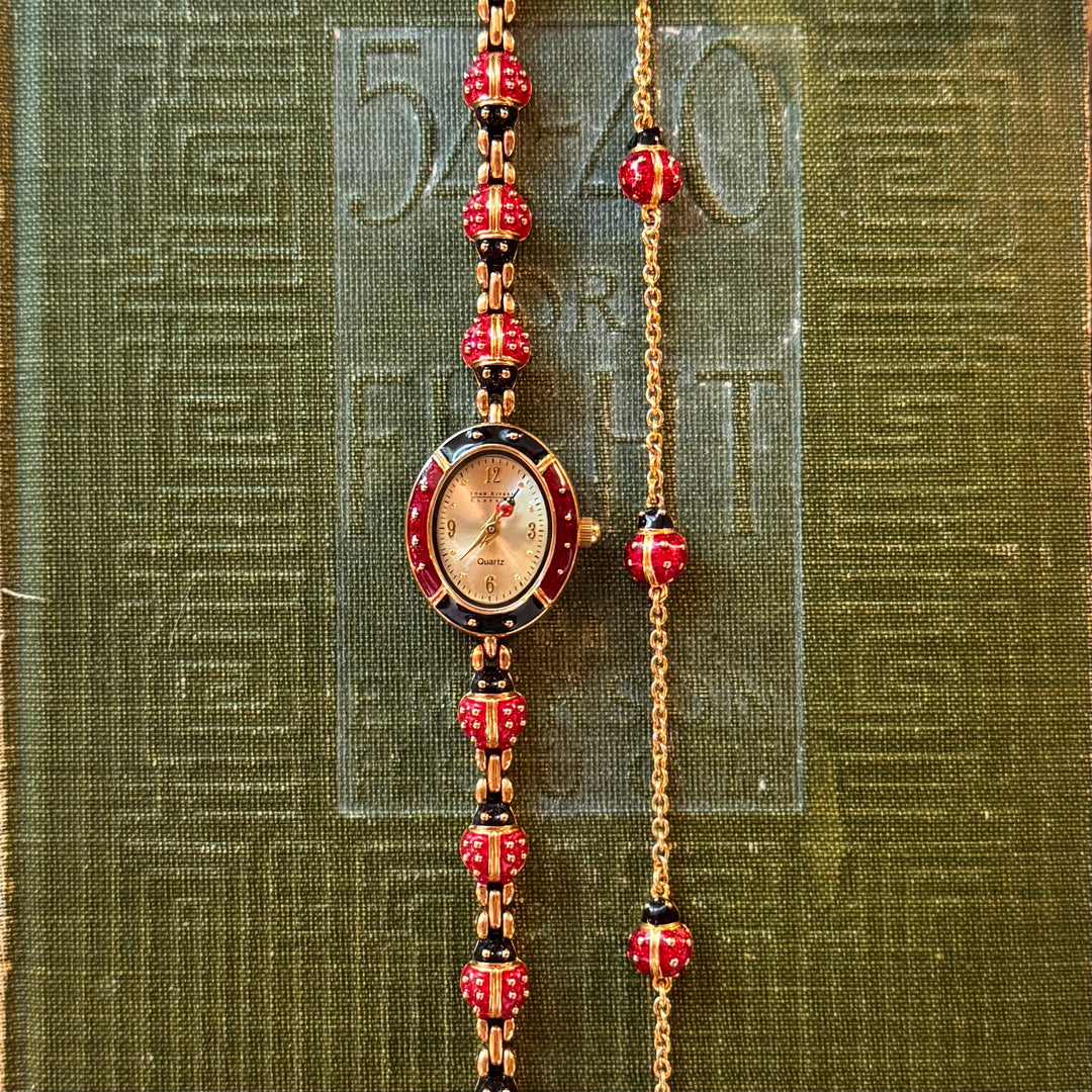 Rare Gold Joan Rivers Lady Bug Watch with Matching Necklace