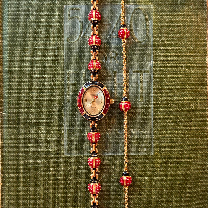 Rare Gold Joan Rivers Lady Bug Watch with Matching Necklace