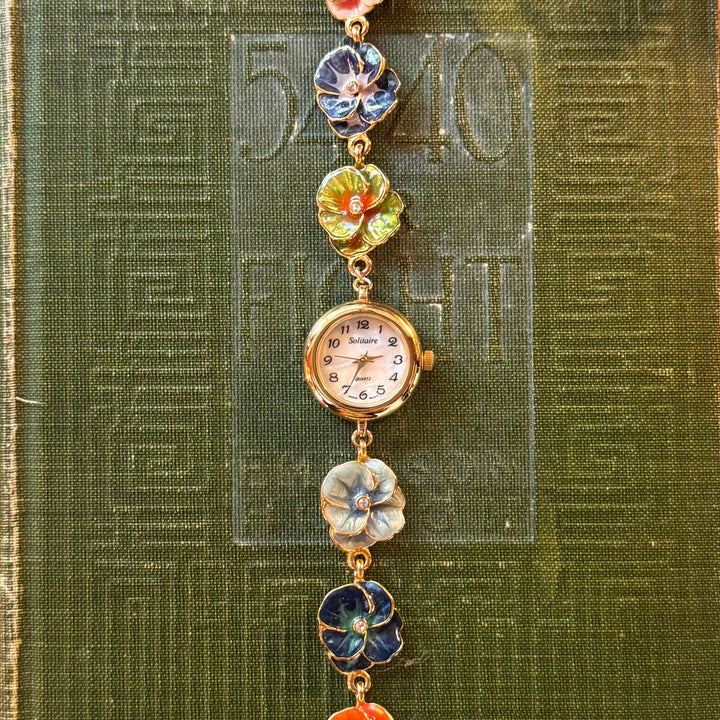 Repurposed Gold Joan Rivers Enamel Floral Pansy Watch