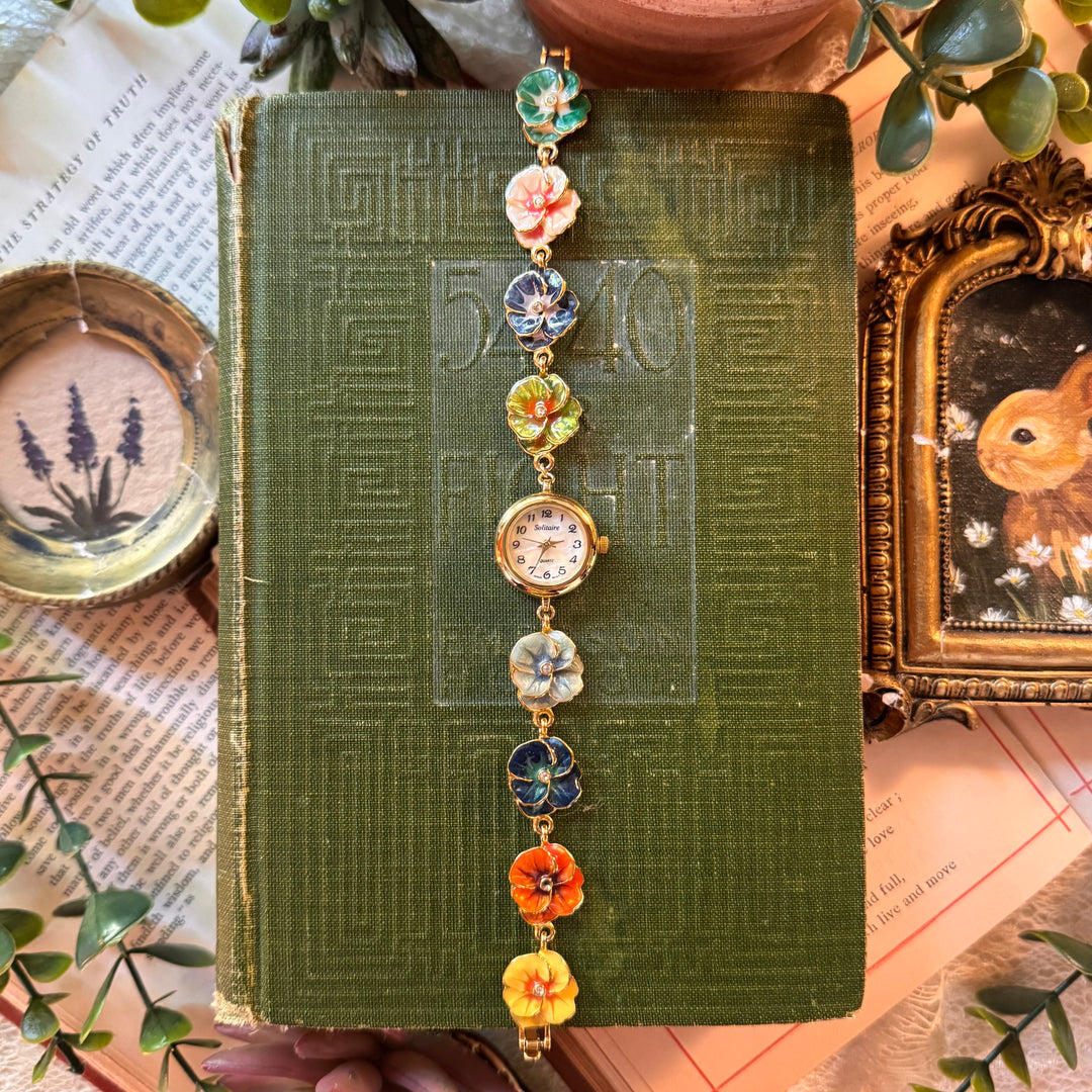 Repurposed Gold Joan Rivers Enamel Floral Pansy Watch