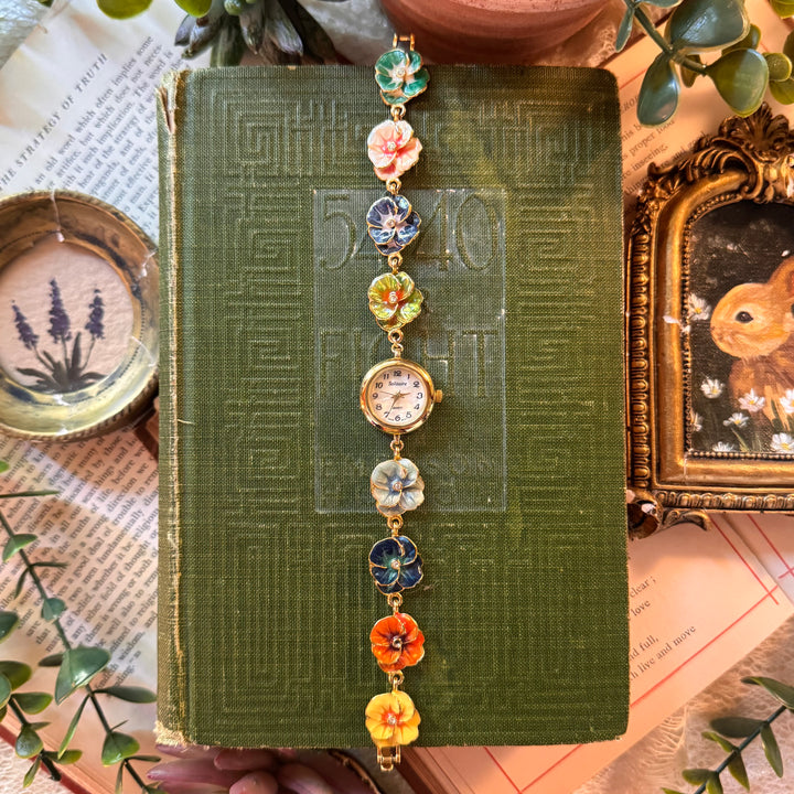 Repurposed Gold Joan Rivers Enamel Floral Pansy Watch