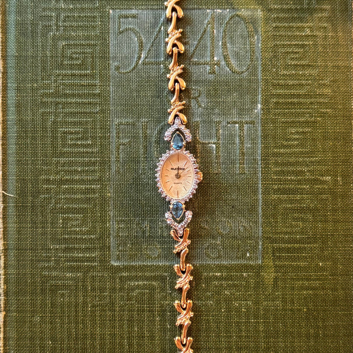 Two Tone Ornate Dainty Watch with Blue Genuine Stones