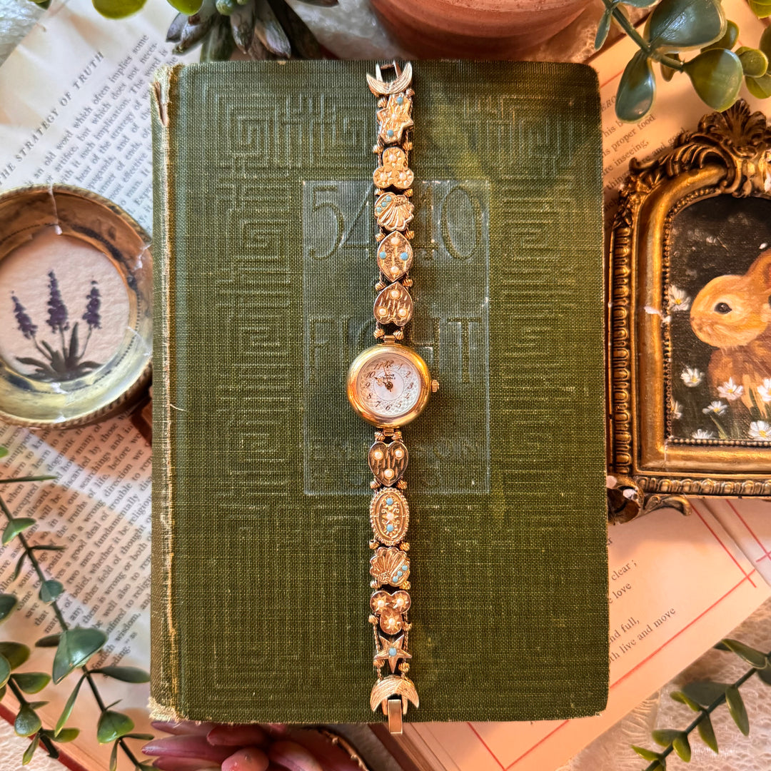 Repurposed Gold Turquoise & Pearl Charm Watch