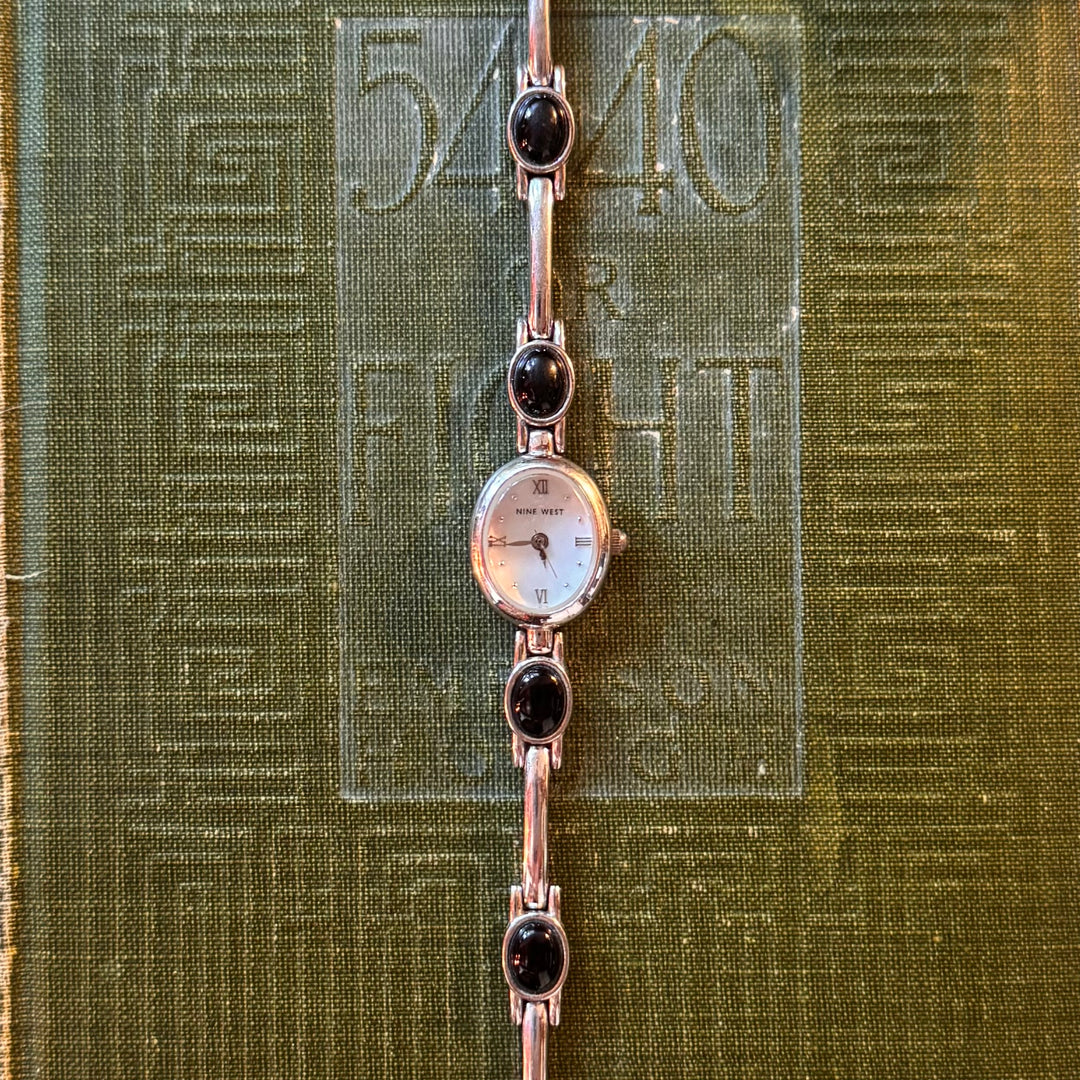 Silver Watch with Black Stones