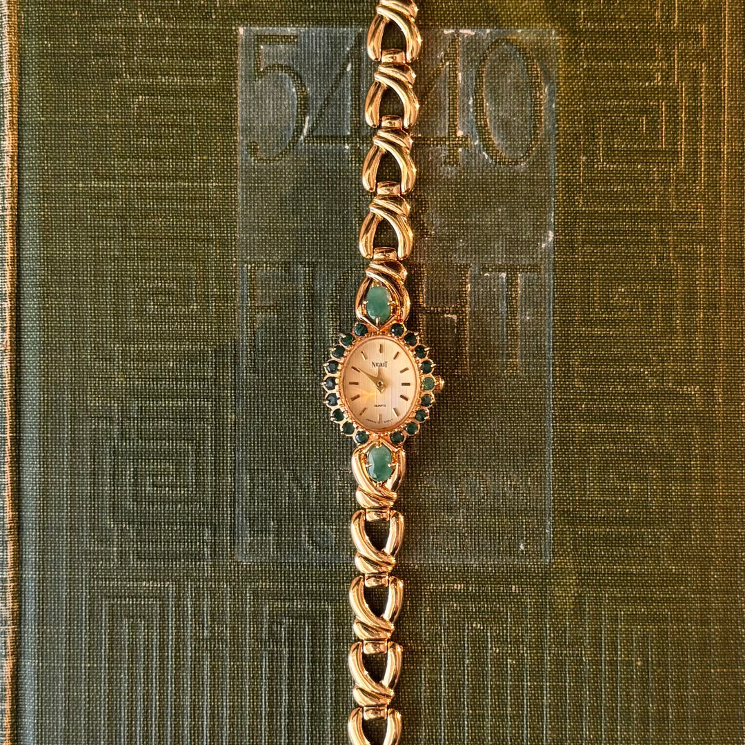 Extremely Rare Gold Nicolet Watch with Genuine Emerald Stones