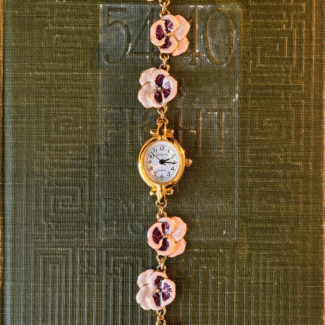 Repurposed Gold Watch with Purple Pansy