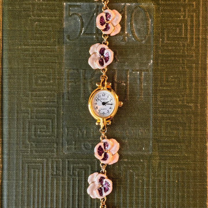 Repurposed Gold Watch with Purple Pansy