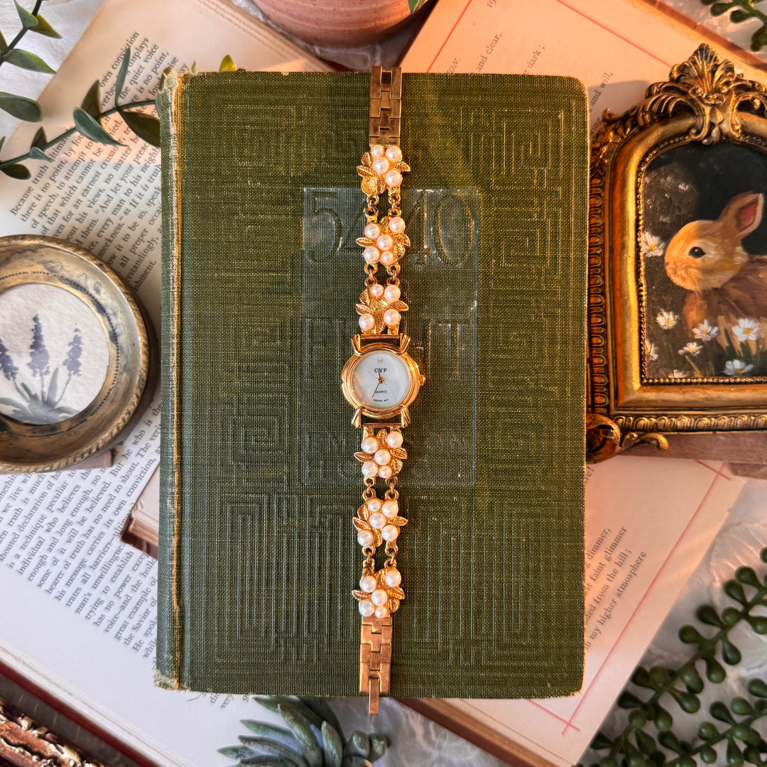Gold Pearl Watch with Gold Leaf Details