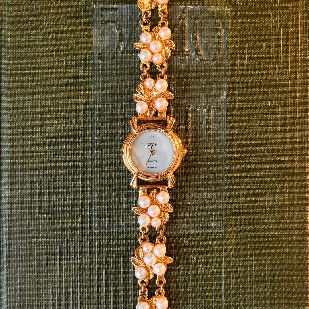 Gold Pearl Watch with Gold Leaf Details
