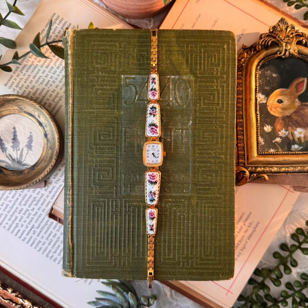 Gold Floral Hand painted Enamel Watch