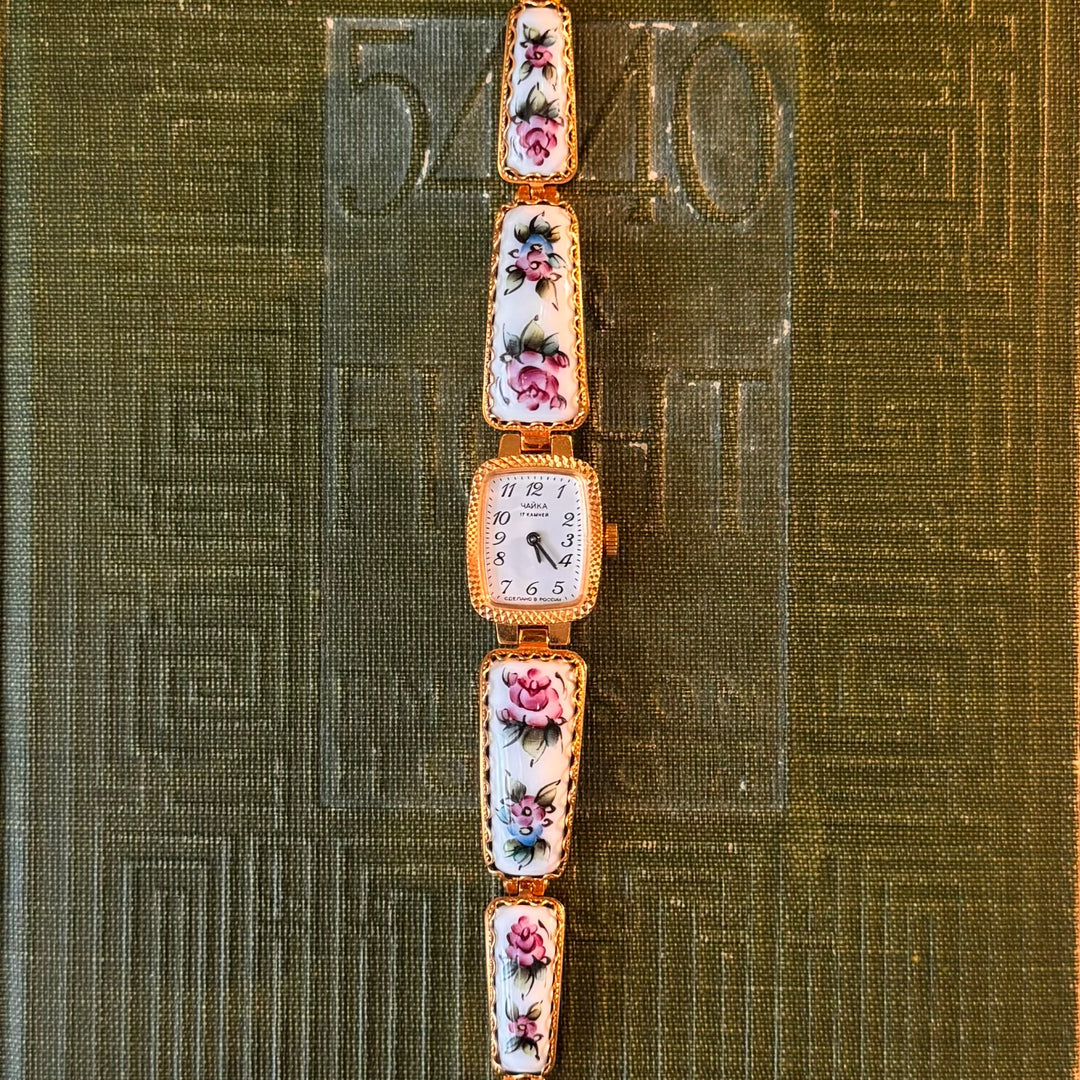 Gold Floral Hand painted Enamel Watch
