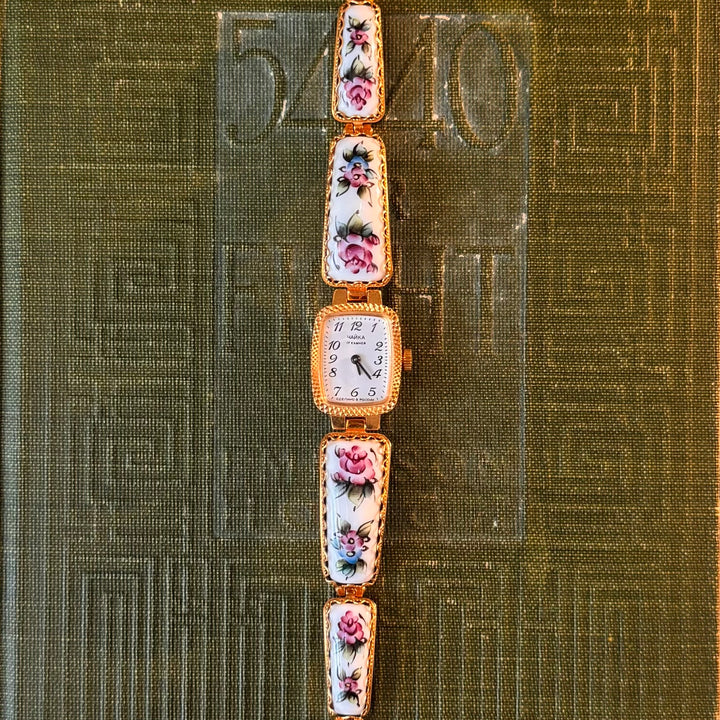 Gold Floral Hand painted Enamel Watch