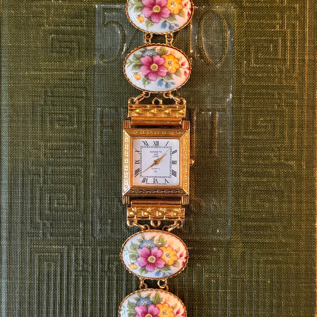 Repurposed Gold Floral Enamel Watch