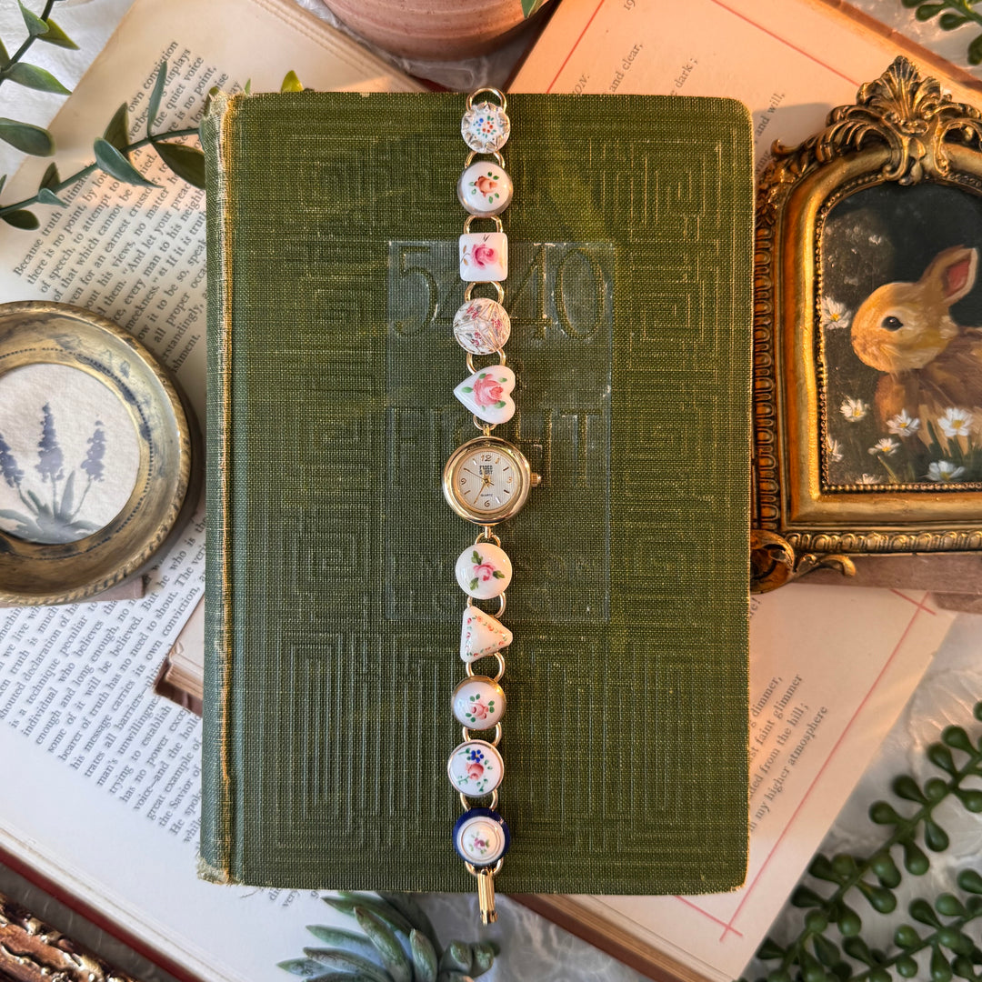 Repurposed Gold Floral Porcelain Watch