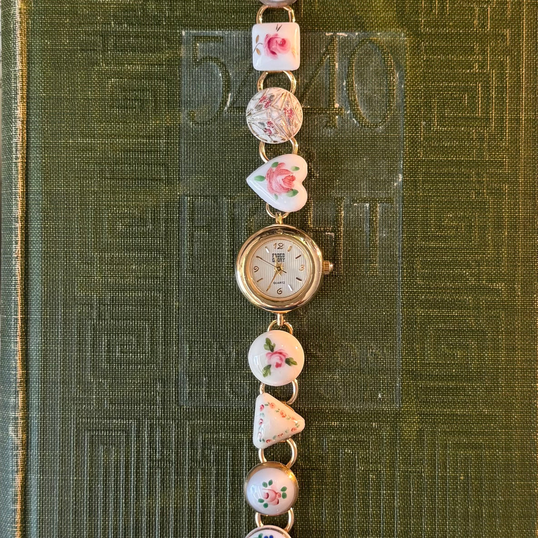 Repurposed Gold Floral Porcelain Watch